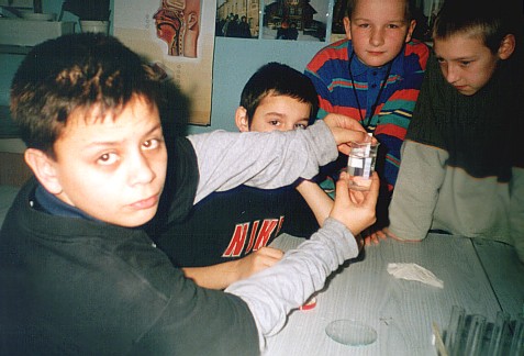 Badanie wody przez uczestnik�w III Ekologicznych Warsztat�w Komputerowych w Publicznej Szkole Podstawowej nr 1 w Strzelcach Opolskich